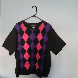 Sag Harbor Womans Black Pink Purple Harlequin Graphic Pullover Short Sleeve Shir